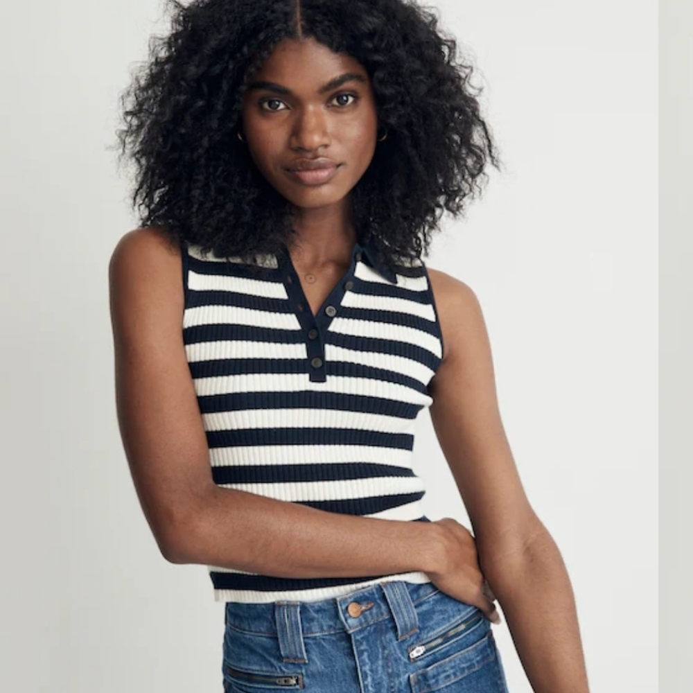 Madewell Owen Navy Blue White Stripe Ribbed Polo Sweater Tank Top